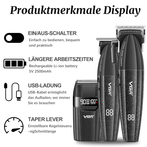 VGR 640S3 Professional 3 in 1 Hair Cutting Kit, 9000RPM Hair Clippers for Men Professional Hair Trimmer & Foil Shavers Set, Cordless Mens Barber Combo for Home, for Him(Black)