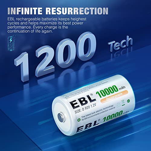 EBL D Battery D Size Rechargeable Batteries 10,000mAh NiMH, Pack Of 6