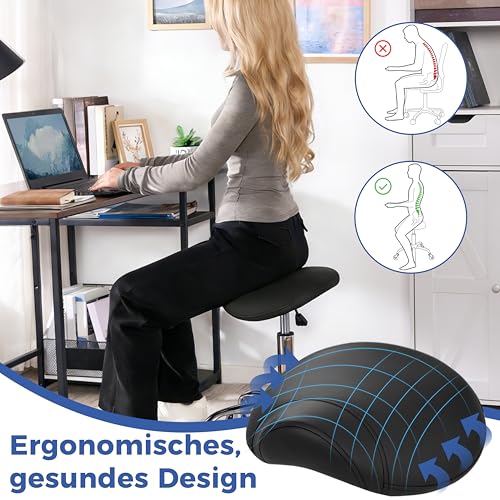 ANWBROAD WSS001B Saddle Stool with Wheels 360° Swivel Stool Silent Wheels Height Adjustable Roll Stool up to 205 kg Ergonomic Thick Leather Wide Seat for Beauty Salons, Salons, Spa and Clinics Black
