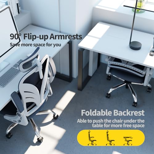 HOLLUDLE Office Chair with Folding Backrest, Ergonomic Computer Chair with 2D Headrest, Folding Armrests and Mesh Lumbar Support Office Seat, White