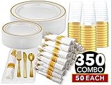 350 Piece Gold Dinnerware Party Set - 50 Guest - Disposable Gold Dinnerware Set - 100 Gold Rim Plastic Plates - 50 Pre-Rolled Linen Feel Napkins with Spoons, Forks, Knives - 50 Gold 10 OZ Plastic Cups