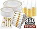 350 Piece Gold Dinnerware Party Set - 50 Guest - Disposable Gold Dinnerware Set - 100 Gold Rim Plastic Plates - 50 Pre-Rolled Linen Feel Napkins with Spoons, Forks, Knives - 50 Gold 10 OZ Plastic Cups