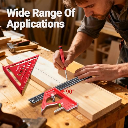 Carpenter's Square Set, Preciva Metric Marking Gauge and Triangles Carpenter's Angle Set with Construction Pencil, Combination Angle Ruler Made of Aluminium Alloy for DIY, Woodworking, Home Work