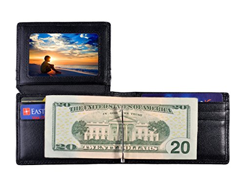 Springk RFID Blocking Minimalist Bifold Black Leather Wallet for Men, Slim Credit Card Holder Passcase Wallet ID Window For Travel Work, Vintage Front Pocket Money Clip for Men's Stylish Sleek Gift