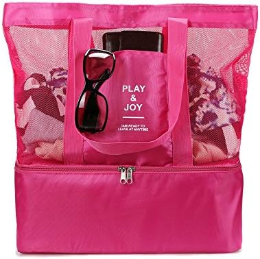 Mesh Beach Bag With Cooler 2-in-1 Tote for Women Large (Red)