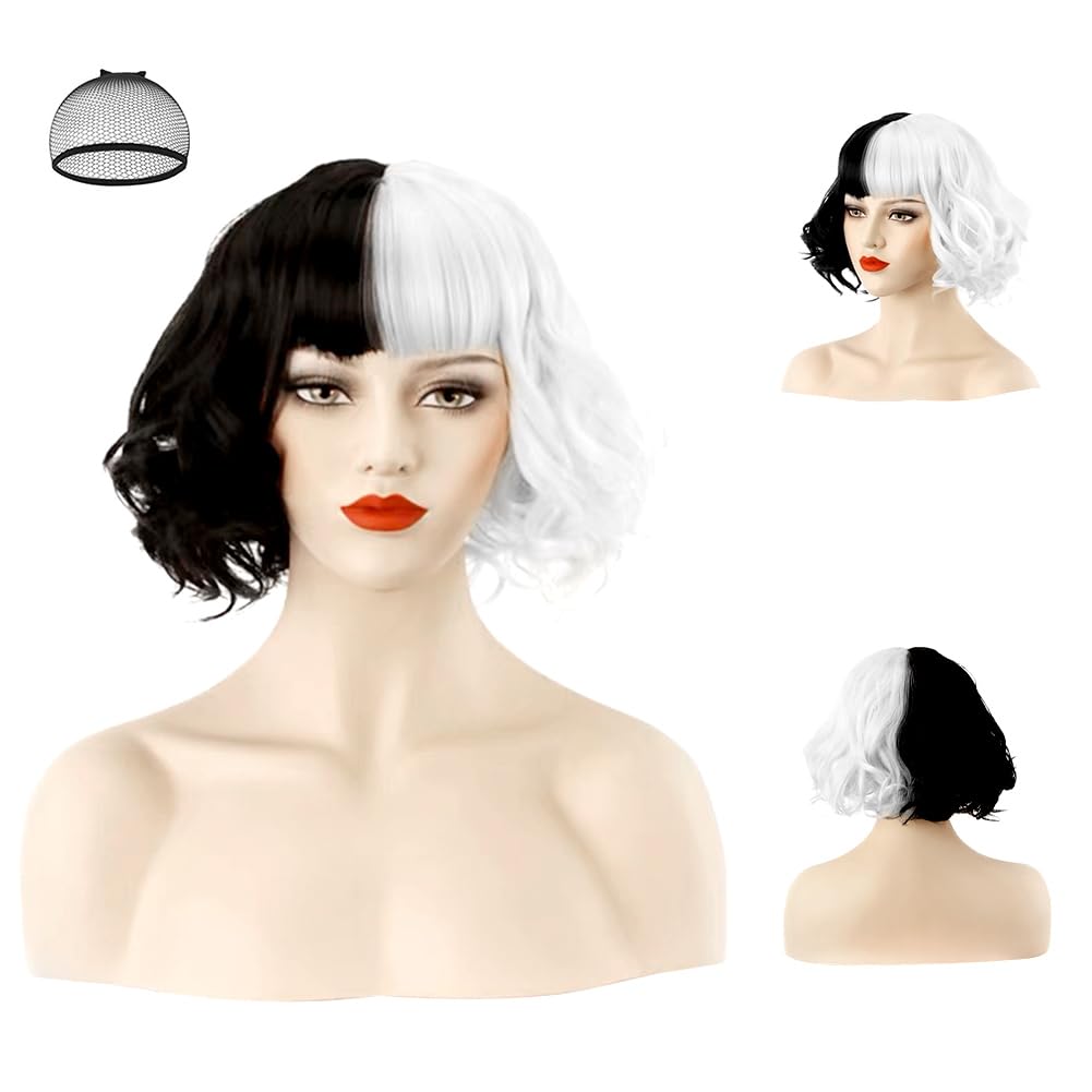 Aomig Black and White Wig - Medium Long Curly Wavy Half Black Half White Wig for Women Cosplay, Halloween, Christmas, Party, Carnival with Hairnet, Long Red Gloves, Costume Stick, Pearl Necklace