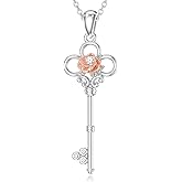 LWXIE Diamond Key Necklace for Women 925 Sterling Silver Rose Flower Key Pendant Necklace with Lab Grown Diamond Jewelry Gift for Her