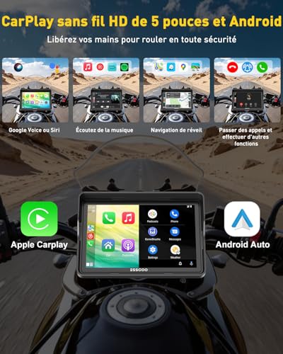 ESSGOO CarPlay Moto 5" Écran Tactile IPS avec CarPlay & Android Auto sans Fil, GPS Moto Étanche, Musique Bluetooth, Navigation, Support Siri, Installation & Démontage Faciles