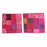 Mogul Patchwork Cushion Cover Pink Thread Embroidered Ethnic Pillow Shame Festive Décor
