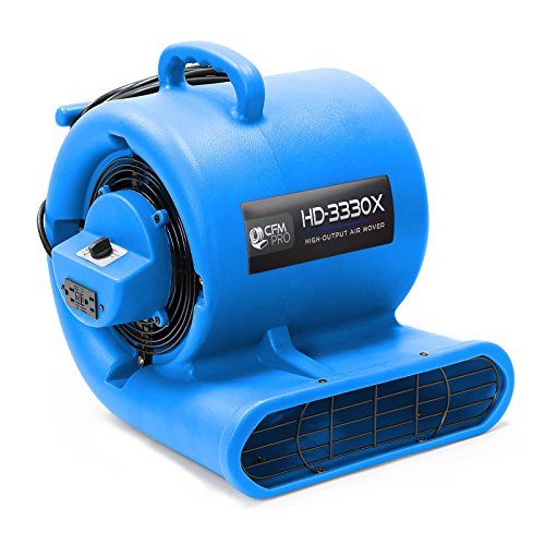 CFM Pro Air Mover Carpet Floor Dryer 3 Speed 1/3 HP Blower Fan with 2 GFCI Outlets - Stackable - Blue - Industrial Water Flood Damage Restoration