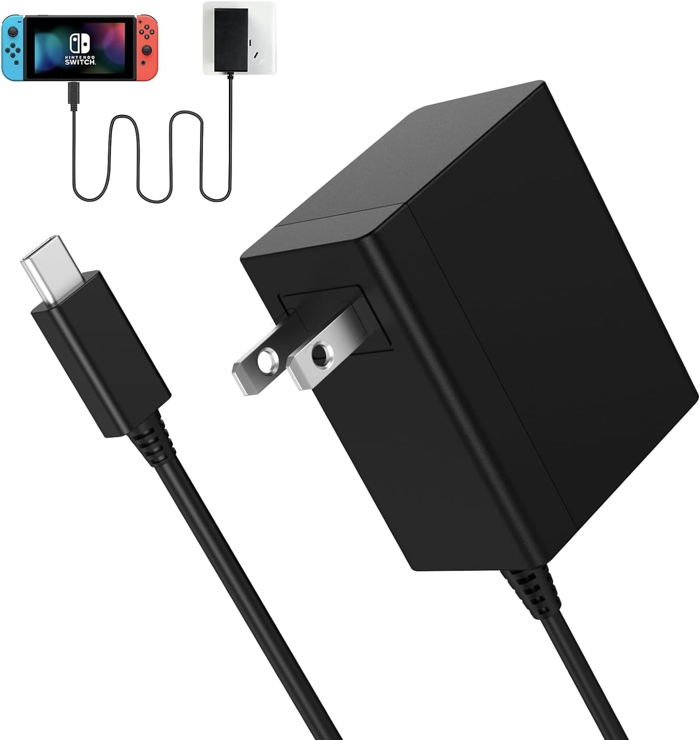 Photo 1 of Charger for Nintendo Switch - Portable Fast-Charging Adapter with 5FT USB C Cable, 15V/2.6A Power Supply, Compatible with TV Mode and Docking Station (Black)