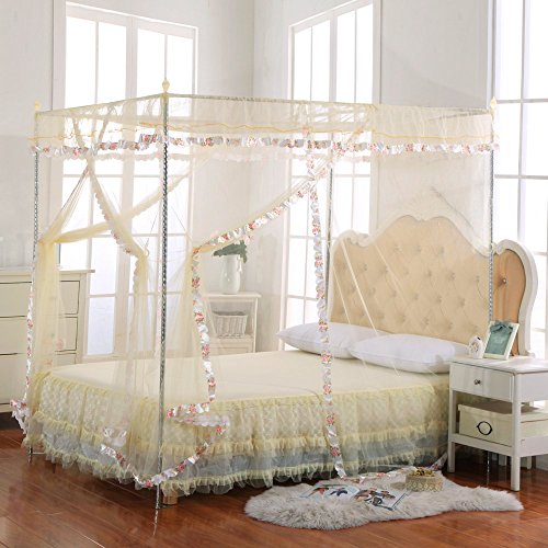 JQWUPUP Luxury Mosquito Net Bed Canopy by 4 Corner Poster Princess Lace Netting Bedding For Girls, Toddlers & Adults - Bedroom Decor Block Insects (King Size, Beige)