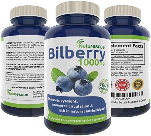 Pure Bilberry Extract 1000mg | Eyesight Support | Rich in Natural Antioxidants | Supports Connective Tissue Health 60 Concentrated Capsules Pills Natural Non GMO Premium Herbal Supplement