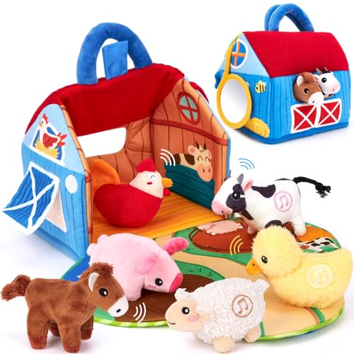 hahaland Farm Baby Toy 6 Months with 2-in-1 Barns & Play Mats, 6 Sensory Plush Toys with Animal Sounds & Speaks English Animal Names, Montessori Toy Baby Gift from 6-12 Months