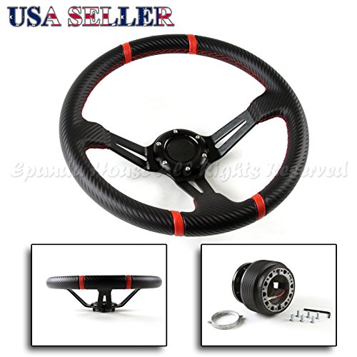 92-95 Honda Civic USA Deep Dish Carbon Fiber Pattern Red Stitched Steering Wheel + Hub Boss