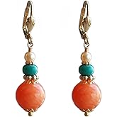 Orange and Turquoise Colorful Earrings Round Dangles Handmade Jewelry Women Gold Plated Lever Backs in Gift Box