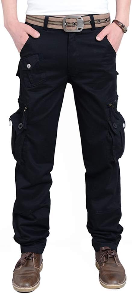 BMEIG Cargo Trouser Mens Regular Work Pants Casual Classic Cotton Overalls Army Combat Chinos Loose Pants Multi-Pocket Workwear Outdoor Hiking Camping Black Green