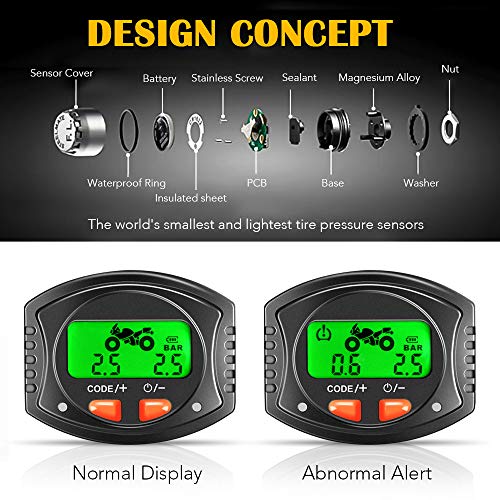 Tymate Motorc TPMS Wireless, Tire Pressure 2 DIY Sensors-Waterproof Digital LCD Display, Gauge Monitoring System for Motorcycle-5 Alarm Modes