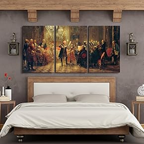 3 Panel World Famous Painting Reproduction on Canvas Wall Art - Flute Concert with Frederick The Great in Sanssouci by Adolph Menzel - Modern Home Art Ready to Hang - 16"x24" x 3 Panels