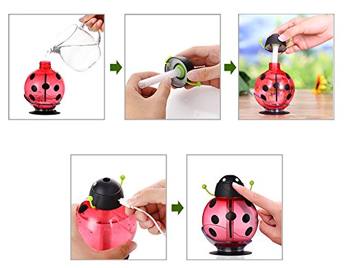 HF morning Beetle Mini Humidifier USB Portable Cool Mist Humidifier Car Whisper-quiet Air Purifier Night Light 6 hours Automatically Shut Off Ultrasonic Humidifier (82×82×117mm, Red)