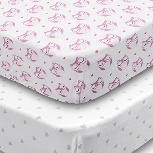 Playard Sheets, 2 Pack Fitted Soft Jersey Cotton Playpen Sheet, Bedding with Pink Owls and Grey Hearts Design, Fits Standard Pack n Play Mattress for Babies and Toddlers