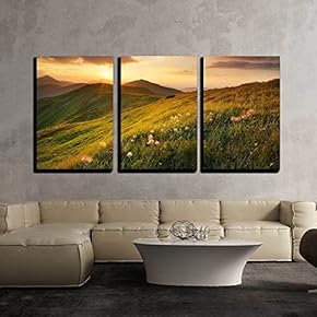 Mountain Field During Sunset Beautiful Natural Landscape x3 Panels