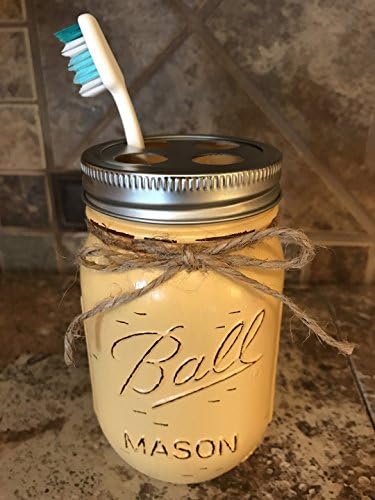 Toothbrush Holder Mason Canning JAR Hand PAINTED & Distressed Ball Pint ~ Stainless Steel Silver ~ Bathroom Decor ~Gray Grey Seafoam Light Blue Turquoise Pewter Green Cream Tan Brown Yellow