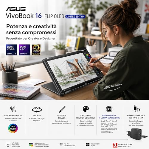 ASUS Vivobook 16 FLIP, Intel® Core™ Ultra 7 258V, Intel Arc Pro, OLED Display Touchscreen 16" WUXGA FHD+, DDR5 32Gb, SSD 1Tb, Win 11, Wi-Fi 7, BT 5.4, Backlit Keyboard, Pen, Gar 3 Years