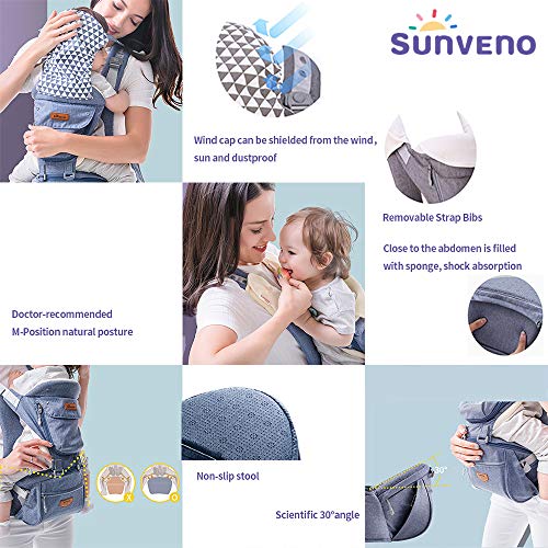 SUNVENO Baby Hipseat Ergonomic Baby Carrier Soft Cotton 3in1 Safety Infant Newborn Hip Seat for Outdoor Travel 0-36 Months (Blue)
