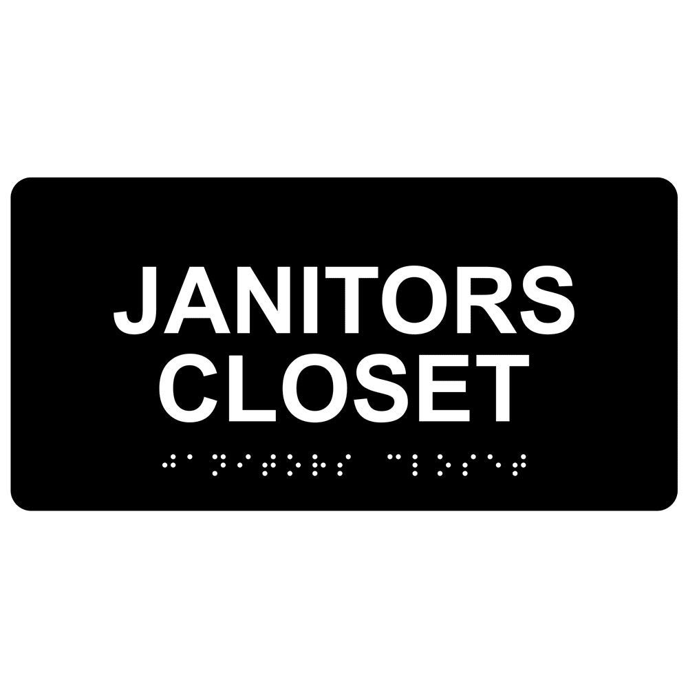 Photo 1 of ComplianceSigns.com Janitors Closet Sign, ADA-Compliant Braille and Raised Letters, 8x4 in. White on Black Acrylic with Adhesive Mounting Strips