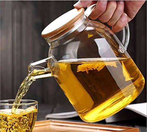 Glass Water Pitcher,Ice Cold Juice Carafe Glass Jug Tea Kettle with Crystal Handle and Bamboo Lid Cover for Milk, Red wine, Cold water, Fruit juice, Hot coffee, Ice drinks etc (1800 ML)