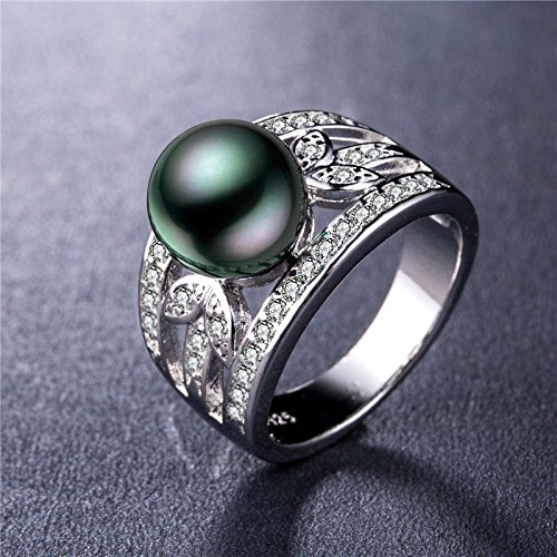 suchadaluckyshop by Lucky 925 Silver Jewelry Elegant Round Cut Black Pearl Women Wedding Ring Size 6-10 (8)