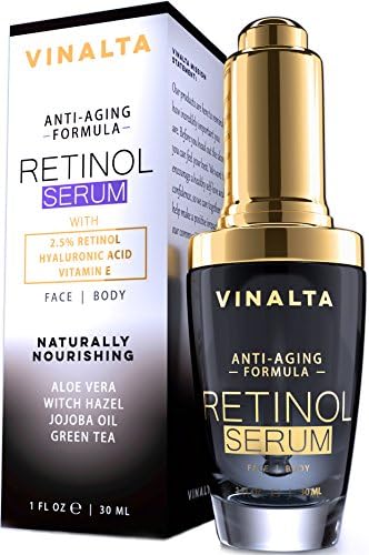 Retinol Serum 2.5% by Vinalta with Hyaluronic Acid, Aloe, Vitamin E, Organic Jojoba Oil, Reduce Wrinkles, Fine Lines, Puffy Eyes, Sun Spots, Age Spots, Best Anti Aging Skin Care For Face – 1 fl oz