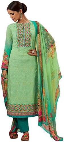 DesiButik's Divine Green Pure Lawn Cotton Salwar Kameez with Pure Bemberg Chiffon Dupatta