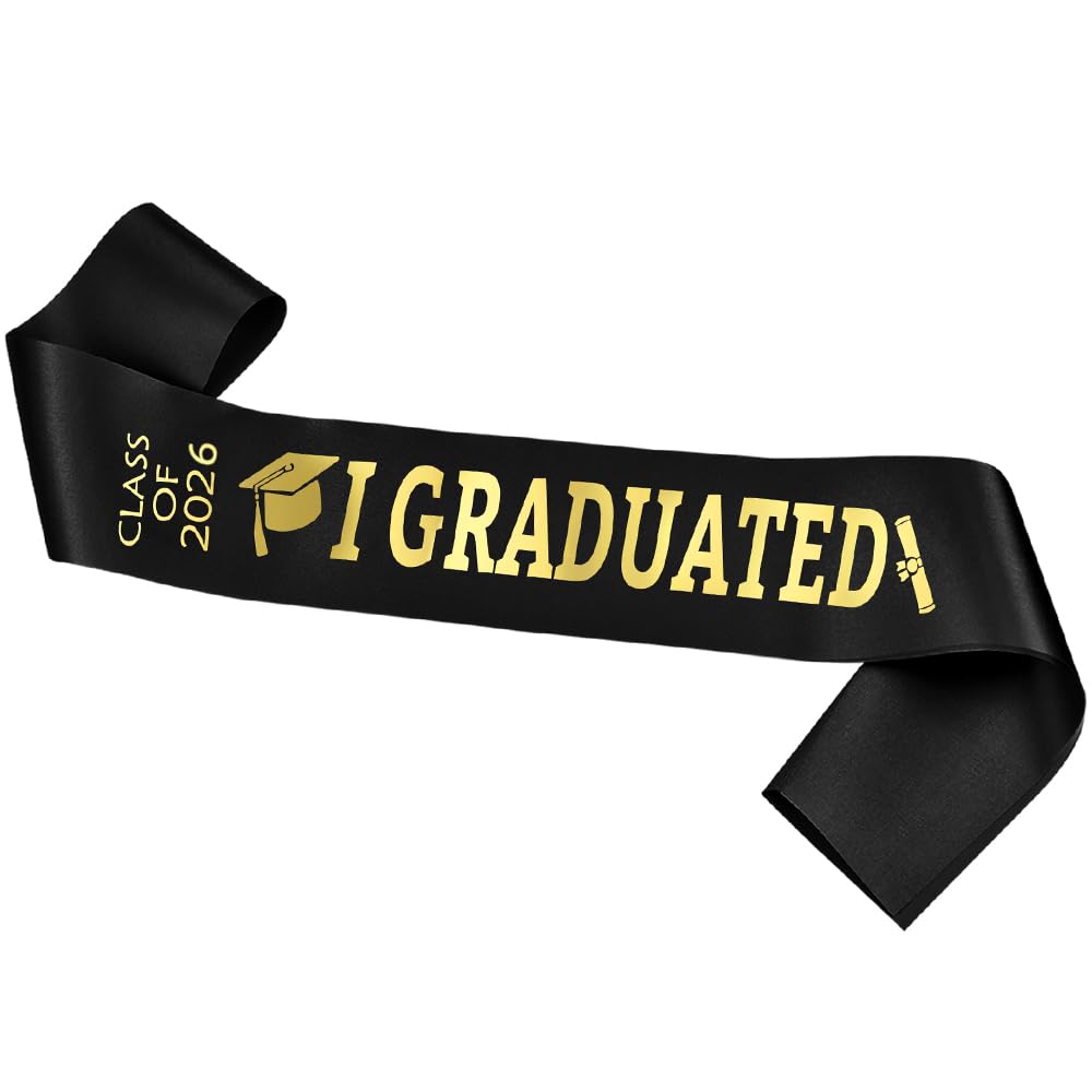 Topfunyy 2026 Black Graduation Sash Gold Glitter Letter “I Graduated” Stain Sash for 2026 Graduation Party Supplies