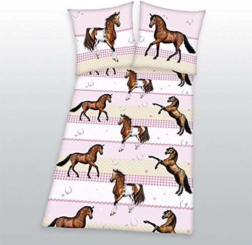 Pink Multi Horse Single/US Twin Cotton Duvet Cover and Pillowcase Set