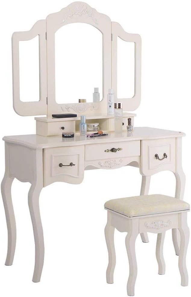 Amazon Com Polar Aurora Tri Folding Vintage Beige Mirror Makeup Dressing Table Cushioned Stool 5 Drawers Kitchen Dining