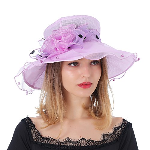 Dantiya Women's Organza Kentucky Derby Wide Brim Flower Tea Party Bridal Dress Church Hat (Purple)