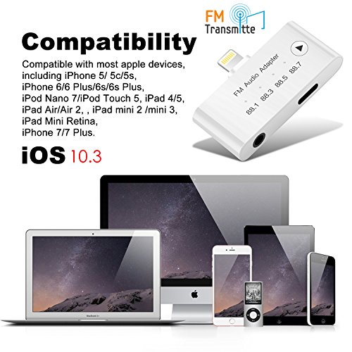 DISDIM 3in1 Lightning to 3.5mm Famle Aux FM Audio Adapter with 8Pin Female Charger Port for iPhone 8/8 Plus, iPhone 7/7 Plus,iPhone 6/6 Plus,iPad Plug and Play
