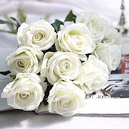 Mikilon Roses Artificial Flowers Fake Flowers Wedding Decorations Artificial Flora DIY Wedding Home Office Party Hotel Restaurant Patio Yard Decoration (White)