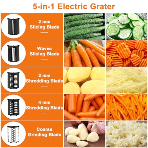 5 in 1 Electric Slicer Shredder, Electric Cheese Grater Salad Maker with 5 Stainless Steel Blades Professional Salad Machine for Fruits Vegetables Cheeses Garlic Onion Food Chopper, Restaurant Kitchen