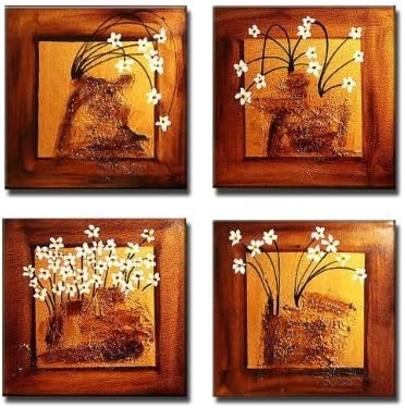 Cyber Monday Deal Black Friday Deal Phoenix Decor - Happiness 4 Panels Contemporary Art 100% Hand-Painted Flowers Artwork Framed Floral Oil Paintings on Canvas Wall Art Decor Home Decorations