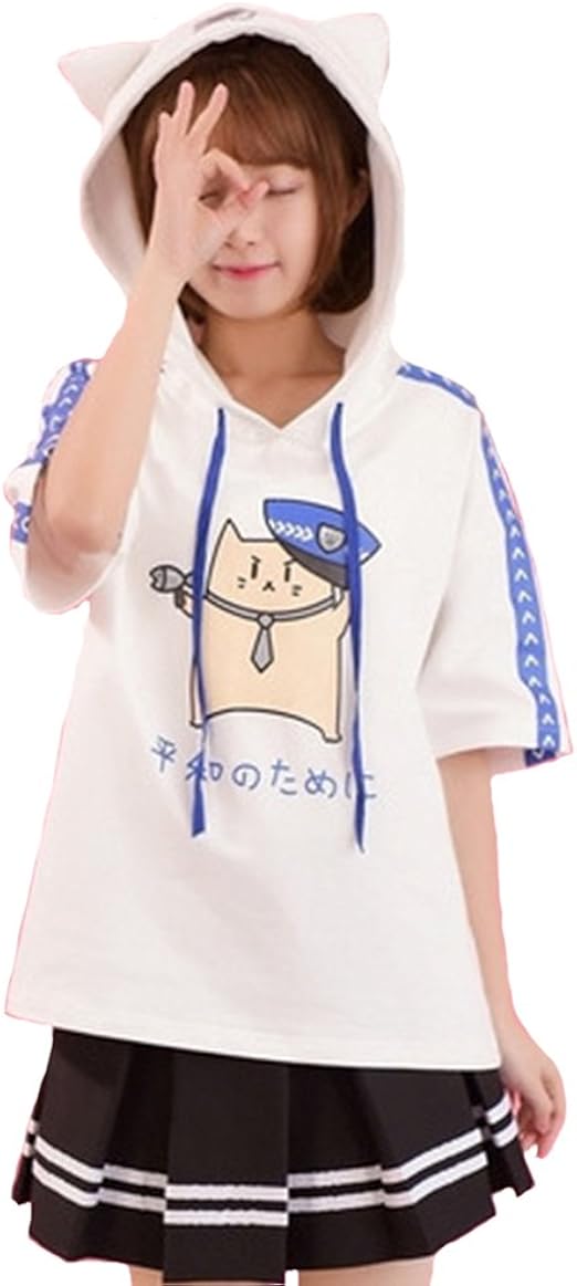 Amazon モリマート Morimart 森ガール Tシャツ スウェット 半袖 猫耳 フード付き レディース ネコ プリント おもしろ かわいい ホワイト ブラック Tシャツ カットソー 通販