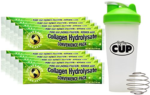 Great Lakes Gelatin Bundle - 10 Single Serve Packets of Collagen Hydrolysate Pure Unflavored Kosher Beef Protein Powder - with Exclusive By The Cup Shaker