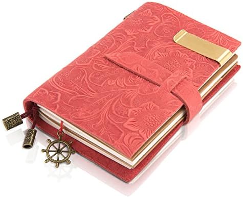 Traveler Poet Traveler leather notebook Handmade Leather Bound Daily Notepad For Men &amp; Women with Unlined Paper and Zipper Pocket --Pink