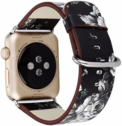Dahase British Rural Style Painting Replacement Band Floral Flower PU Leather Strap For Apple Watch iWatch Series 5 4 3 2 And 1st 44mm /42mm Black Gray