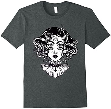 Mens Horned Devil Girl Tshirt - Satanic Halloween Glitch Goth Tee XL Dark Heather