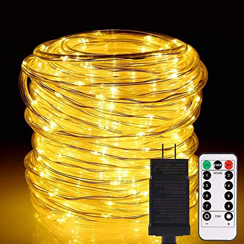 ALOVECO LED Rope String Lights Outdoor, 72ft 336 LEDs Rope Lights 24V Plug in Rope Lighting Extendable Remote Dimmable 8 Modes Waterproof ETL Listed for Tree Patio Garden Fence Roof, Warm White