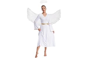 Lorilida Women Long Sleeve Gold Trim Angel Dress Gown Dress with Feather Angel Wings and Headwear Set