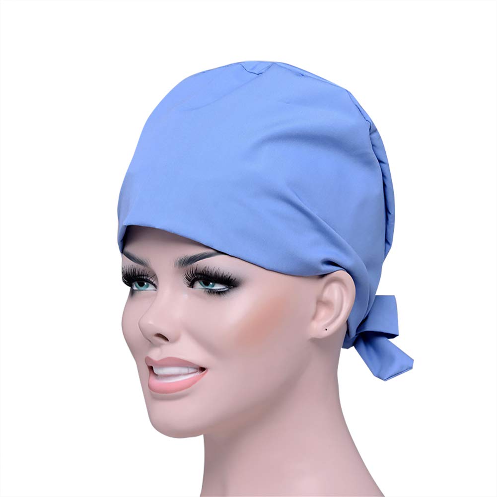 Unisex Scrub Cap with Sweatband Adjustable Tie 100% Cotton Elastic Chef Hat Food Spa Beauty Salon Cap Reusable Washable Multipurpose Hat (Light Blue)